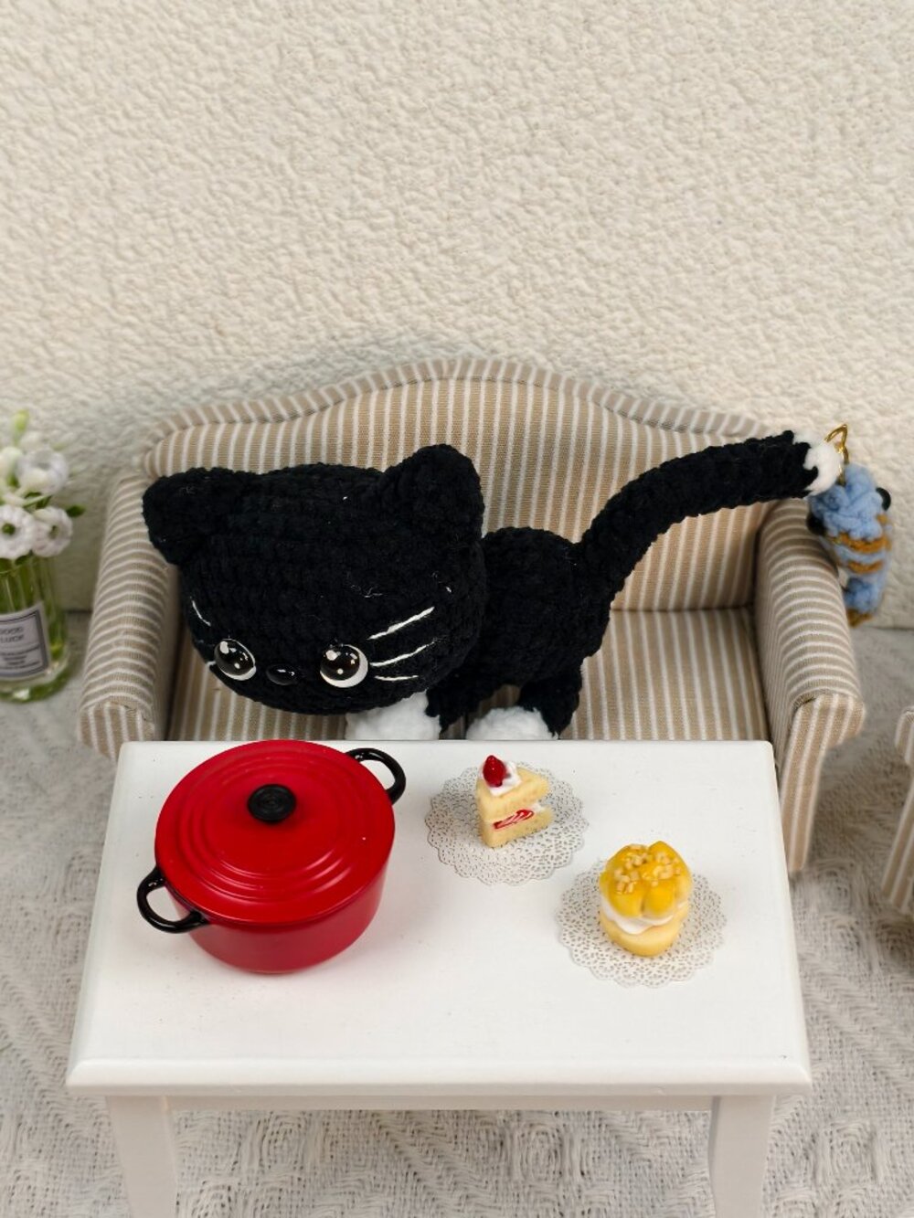 Handmade Amigurumi Crochet Black Cat Hanging A Fish On Its Tail Plushie